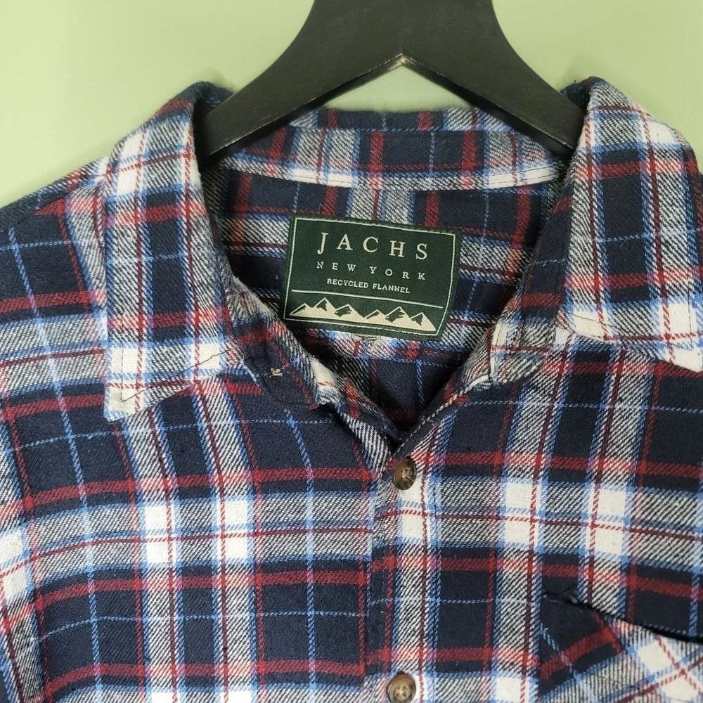 Jachs New York Mens Recycled Flannel Plaid Button Down Shirt Navy Blue Red L